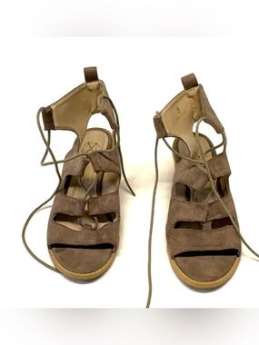 Christian Lacroix Vintage Taupe Suede Lace Up Block Heel Sandals 8